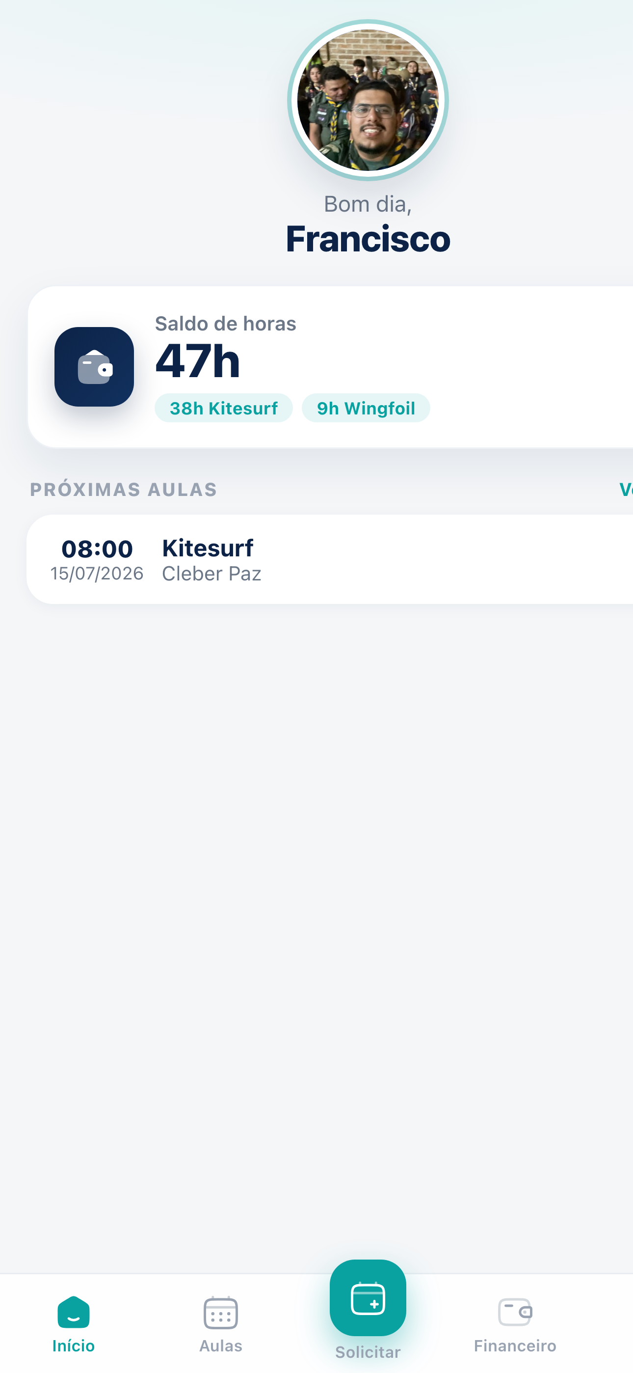App do aluno KitePro: saldo de horas e próximas aulas