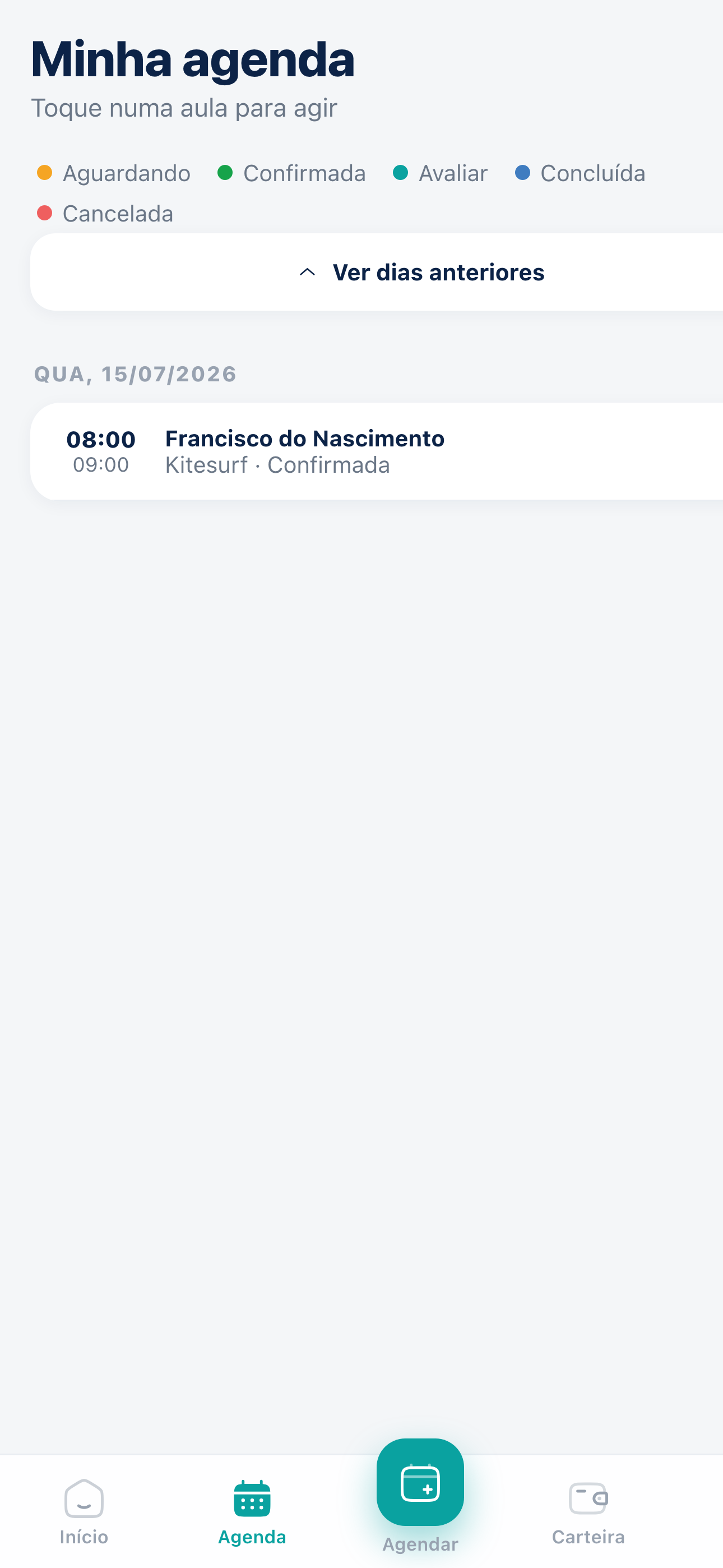 Agenda do instrutor no app KitePro